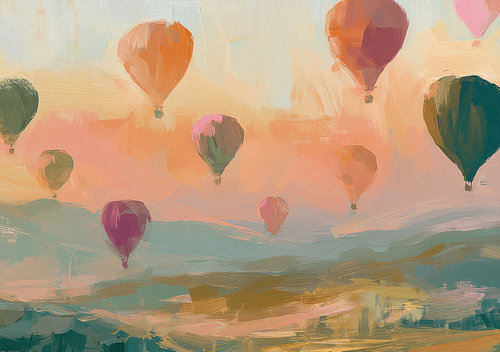 Hot-air balloons in the evening sky above a hilly landscape
