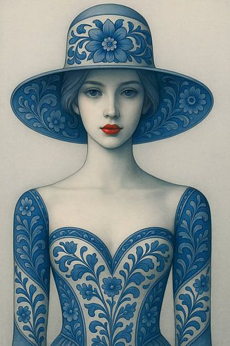 Blauwe Elegantie – vrouw met hoed