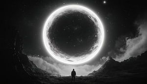 Einsamer Mann mit Blick auf ein Planetenpanorama