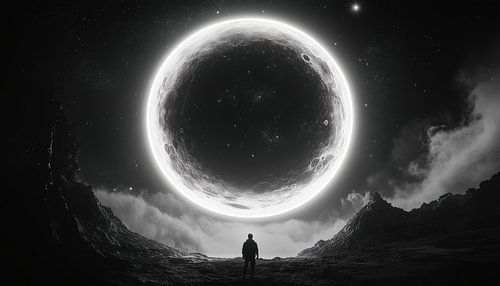 Eenzame man starend naar een planeet panorama