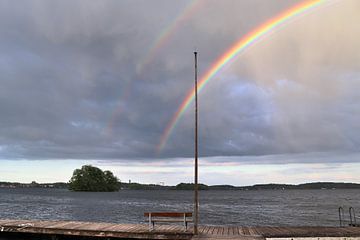 Un double arc-en-ciel au-dessus d'un lac avant un orage