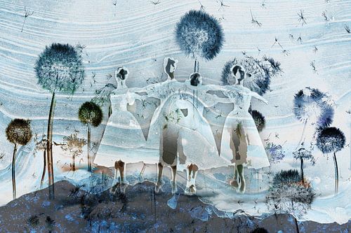 Prima Ballerina in blau zwischen den Löwenzähnen