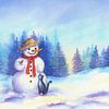 Schneemann mit Katze und Vogel in einer Winterlandschaft von Karen Kaspar