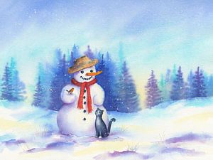 Schneemann mit Katze und Vogel in einer Winterlandschaft