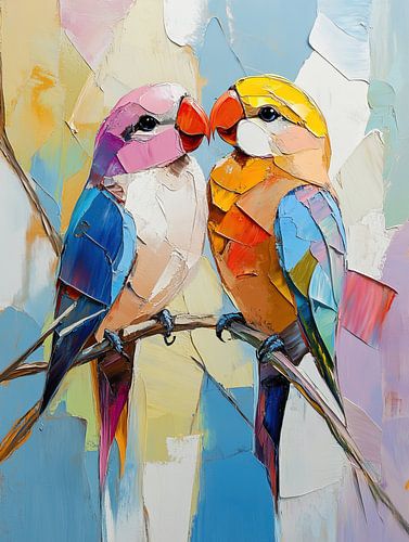 Rosa Vogel | Rosa und gelbe Vögel auf einem Zweig