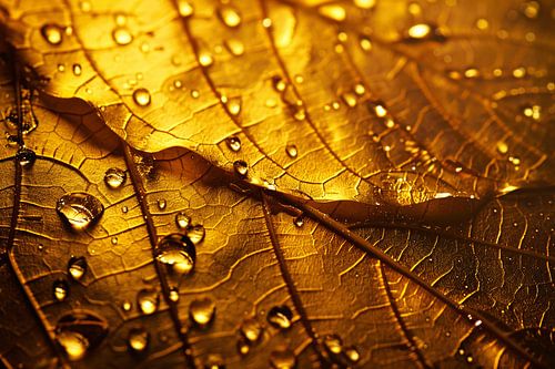 Gouttes d'eau sur feuille d'or en détail
