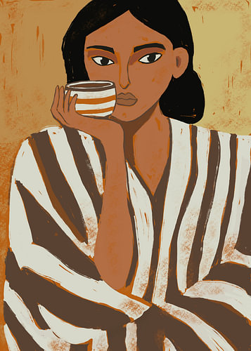 Slow Morning – Portrait moderne d'une femme avec un café