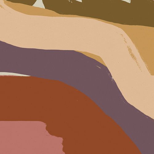 Penseelstreken in terra, roze, geel en groen.