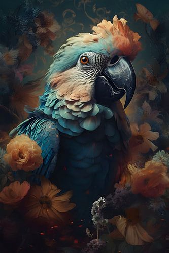 Oiseau coloré parmi les fleurs