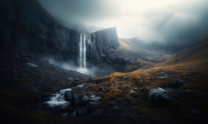 Fluisterende watervalnevel van fernlichtsicht