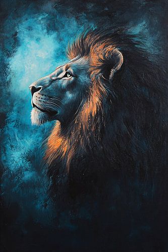 Majestueuze leeuw in blauw en oranje