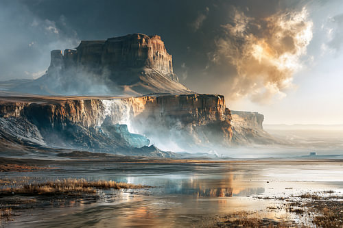 A massive rocky plateau bathed in dramatic light