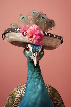 Chic peacock with straw hat