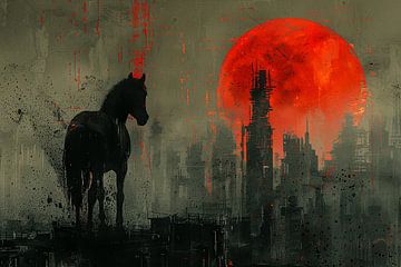 Apocalyptisch stadsgezicht met paard onder bloedrode hemel van Felix Brönnimann