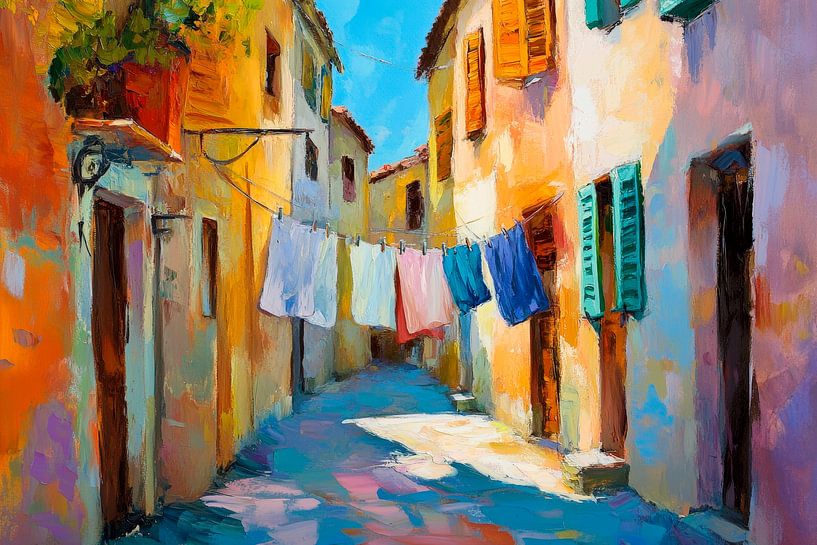 Bunte Gasse mit Wäscheleine – Malerisch von Poster Art Shop