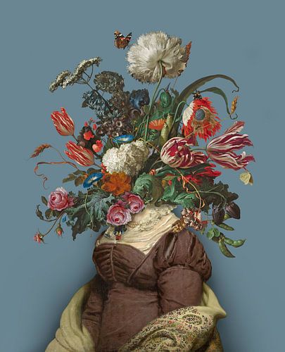 Portret van een vrouw met een boeket bloemen (blauwgrijs)