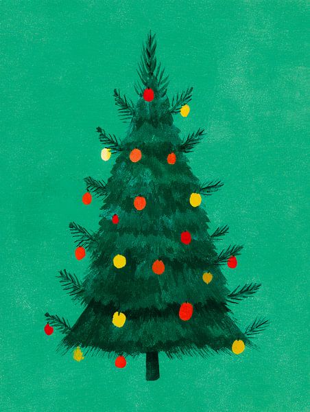 Friendly Christmas tree illustration with warm lights on green background by But First Framing