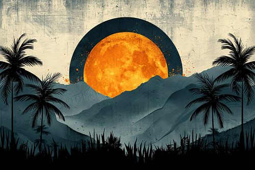 Zonsondergang tussen palmen en bergen