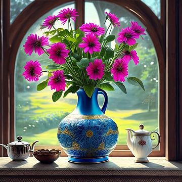 Vase mit Blumen auf der Fensterbank, in die helles Sonnenlicht fällt von Jan Bechtum