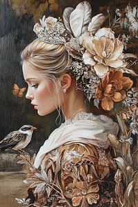 Femme fleurie | Fleurs d'or avec oiseau