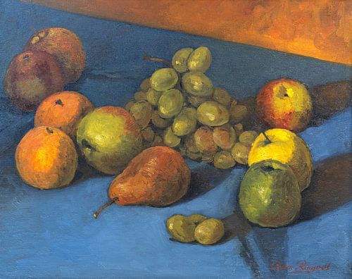 Still life painting with pears, apples, oranges and grapes.