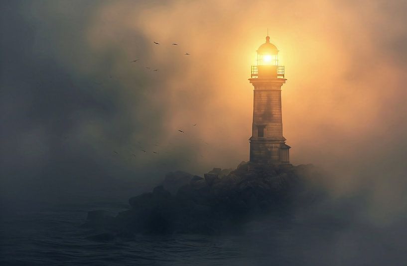 Vuurtoren in de mist van fernlichtsicht