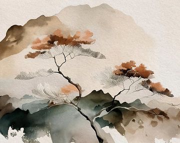 Japandi Art schilderij: Japans ZEN Berglandschap van Studio Pieternel