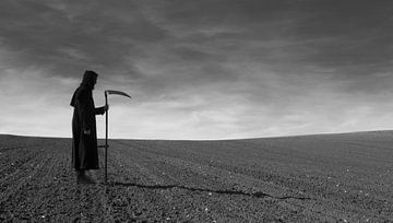 Figure with scythe in a field by marleen brauers