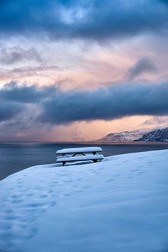 Winter landschap en zonsondergang op Godøy, Ålesund, Noorwegen van qtx