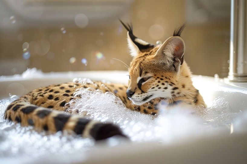 Elegante serval in bad - een sierlijk badkamerkunstwerk voor je WC van Poster Art Shop