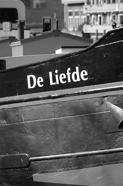 Boat &quot;Love&quot;detail photo black and white standing by Marion Hesseling