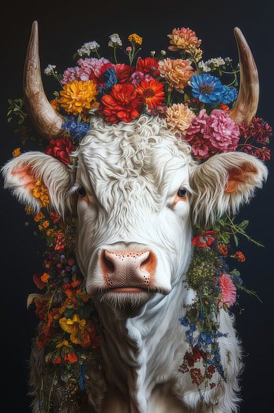 Radiant Flower Crown - Highland Cow in Colourful Splendour by Eva Lee