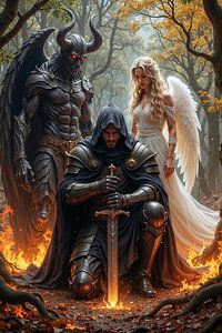 Dark Fantasy Wandbild: DUALITAS - Ein Ritter mit Dämon und Engel als Berater