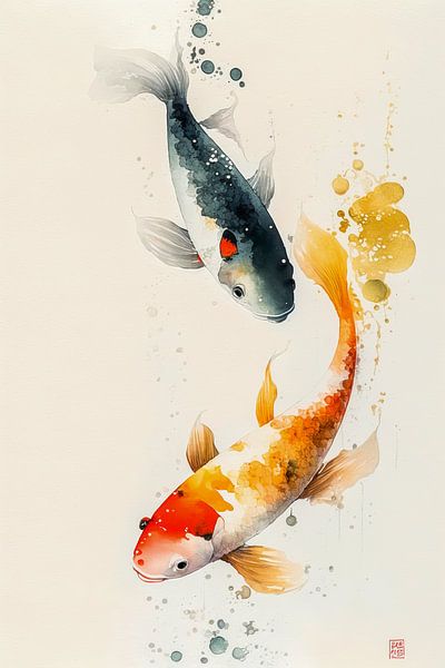 Aquarelle avec carpe koï (Nishikigoi) par Peet de Rouw