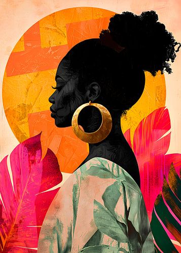 Art abstrait tropical représentant une femme noire et des feuilles colorées
