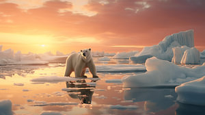 Eisbär auf einer Eisscholle am Nordpol mit Nebel auf dem kristallklaren Wasser und Eisbergen im Hintergrund des Sonnenuntergangs