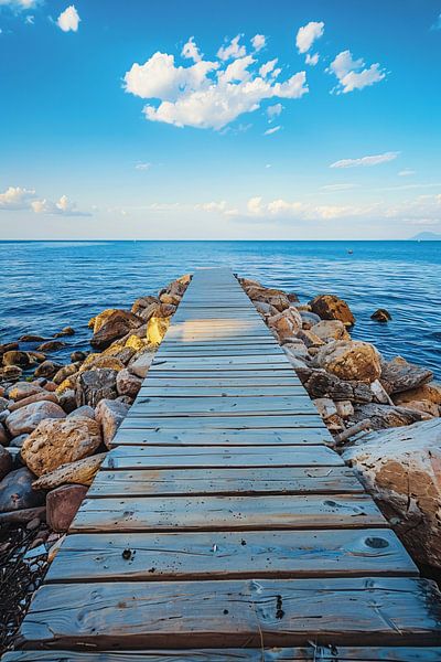 Wooden jetty leads to serene blue sea by Art & Soul Creations