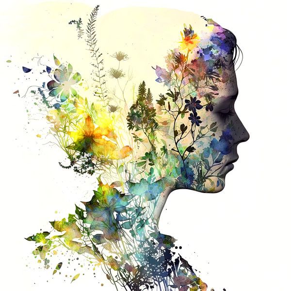 Blumenmädchen Frau Porträt in Silhouette von Vlindertuin-Art
