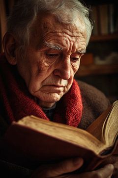 Peinzende oudere man met boek van Poster Art Shop