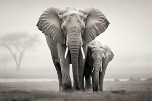 Elefant mit Jungen in Schwarz-Weiß-Fotografie