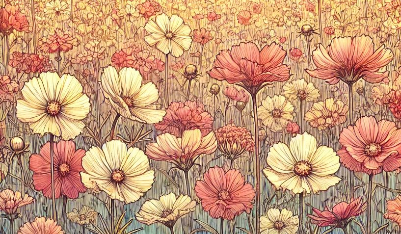 Blumenfeld in der Abendsonne von Niek Traas