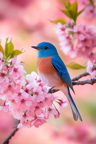 Blauwe vogel tussen bloemen