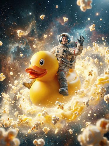 Astronaut rijdt badeend door popcornstelsel