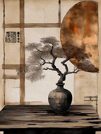 Wabi-Sabi-Stillleben: Japanischer Bonsai im Abendlicht in Erdtönen