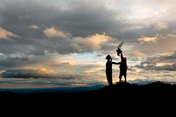 De geit en het kind na zonsondergang (silhouet) van Nele Mispelon