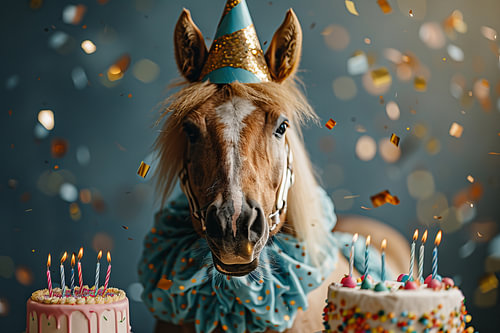 Grappig paard met feestmuts en taart