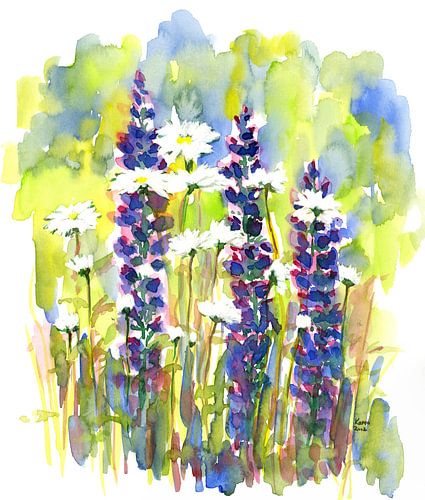 Peinture à l'aquarelle de lupins et de marguerites