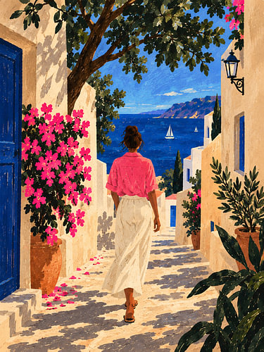 Alley leading to the sea – bougainvillea in the summer light