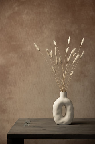 Still life with dried flowers in white porcelain vase