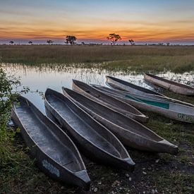 Sonnenuntergang über dem Okavango-Delta mit Mokoros im Vordergrund von victor van bochove